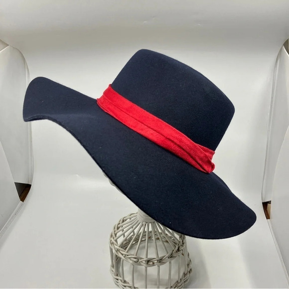 Anthropologie Wool Navy Blue Boater Wide Rim Floppy Hat Festival Boho - Picture 12 of 12